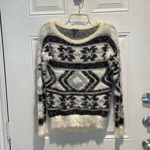 Express Snowflake Fair Isle Eyelash Fuzzy Sweater Size XS, Black White Cream